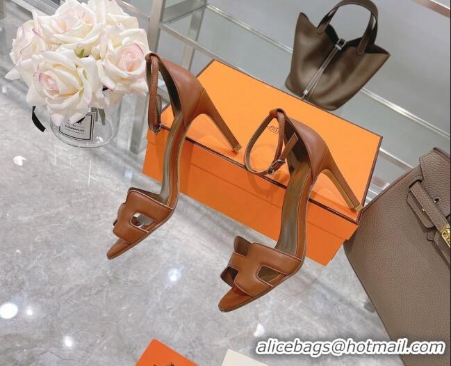 Shop Duplicate Hermes Premiere Smooth Leather Heel 9cm Sandals 070232 Brown