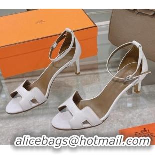 Stylish Hermes Premiere Grained Leather Heel 9cm Sandals 070234 White