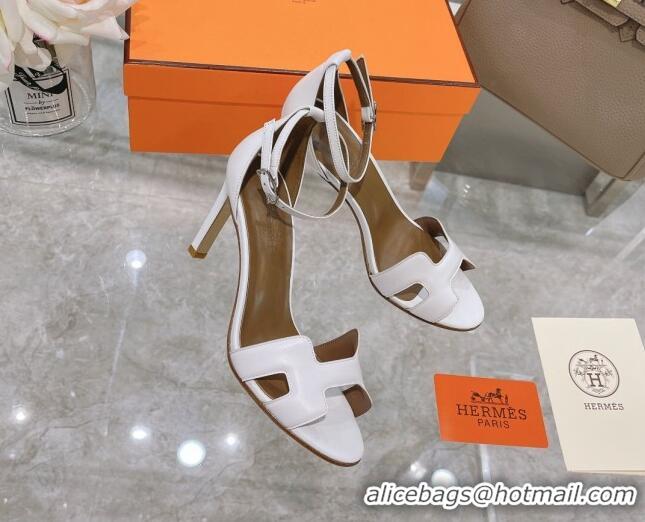 Stylish Hermes Premiere Grained Leather Heel 9cm Sandals 070234 White