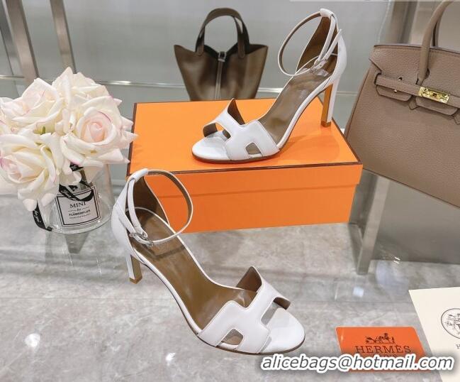 Stylish Hermes Premiere Grained Leather Heel 9cm Sandals 070234 White