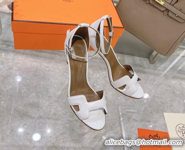 Stylish Hermes Premiere Grained Leather Heel 9cm Sandals 070234 White