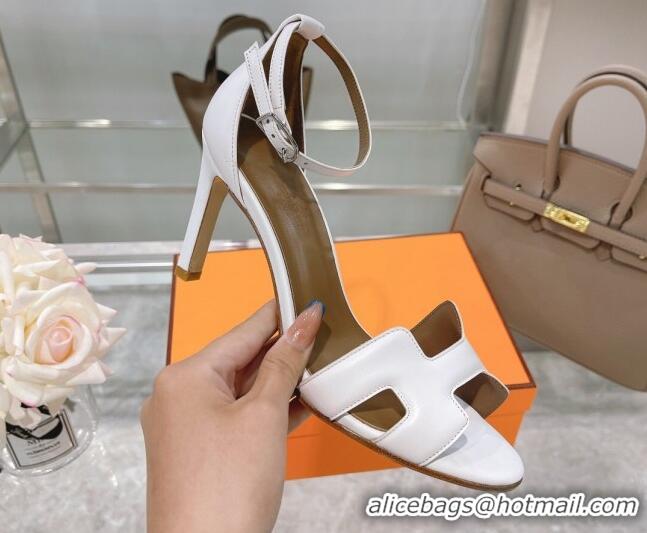 Stylish Hermes Premiere Grained Leather Heel 9cm Sandals 070234 White