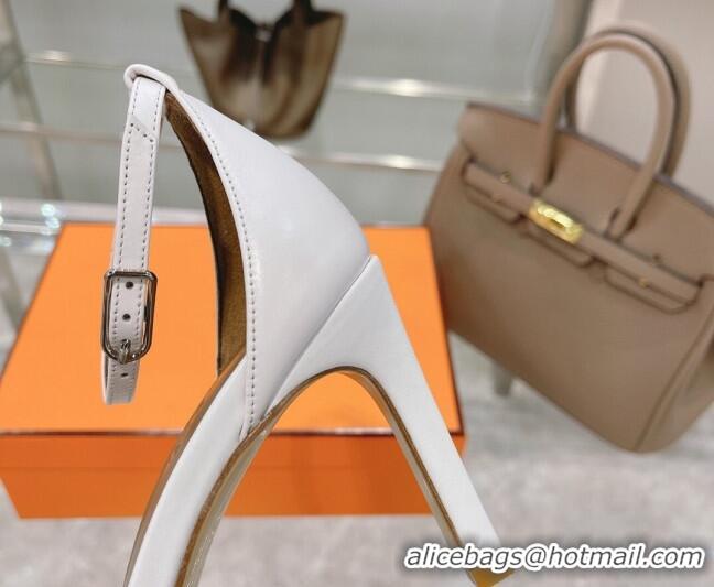 Stylish Hermes Premiere Grained Leather Heel 9cm Sandals 070234 White