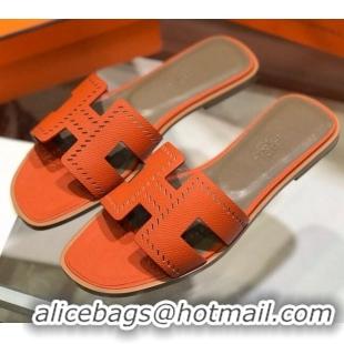 Luxury Hermes Santorini Epsom Calfskin Cut-out Classic H Flat Slide Sandals 070501 Orange