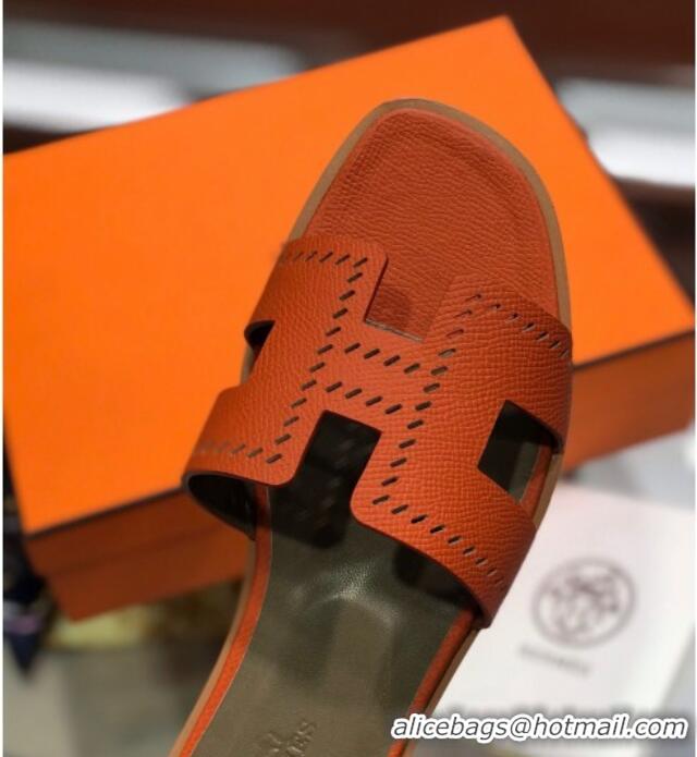 Luxury Hermes Santorini Epsom Calfskin Cut-out Classic H Flat Slide Sandals 070501 Orange