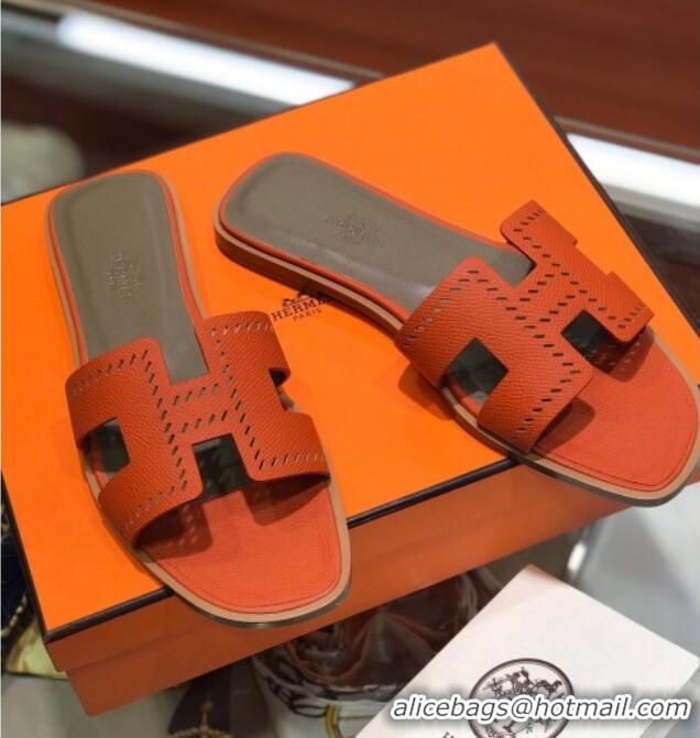 Luxury Hermes Santorini Epsom Calfskin Cut-out Classic H Flat Slide Sandals 070501 Orange