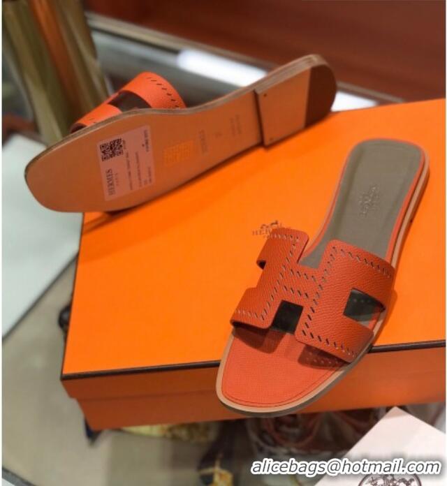 Luxury Hermes Santorini Epsom Calfskin Cut-out Classic H Flat Slide Sandals 070501 Orange