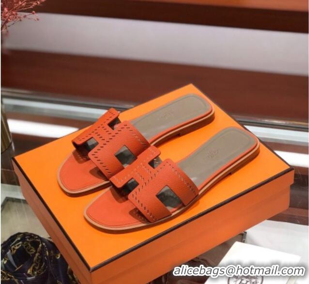 Luxury Hermes Santorini Epsom Calfskin Cut-out Classic H Flat Slide Sandals 070501 Orange