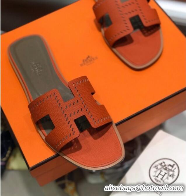 Luxury Hermes Santorini Epsom Calfskin Cut-out Classic H Flat Slide Sandals 070501 Orange