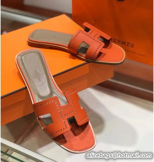 Luxury Hermes Santorini Epsom Calfskin Cut-out Classic H Flat Slide Sandals 070501 Orange