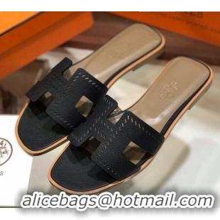 Perfect Hermes Santorini Epsom Calfskin Cut-out Classic H Flat Slide Sandals 070501 Black