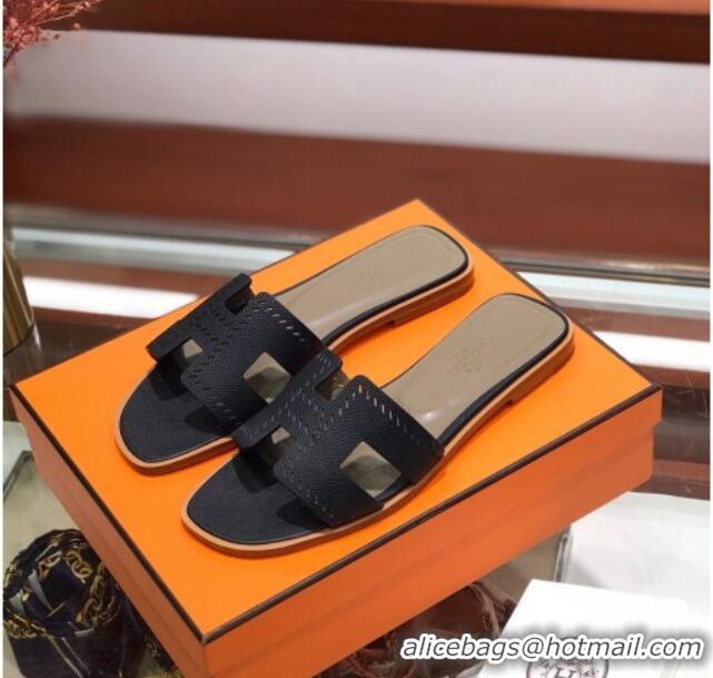 Perfect Hermes Santorini Epsom Calfskin Cut-out Classic H Flat Slide Sandals 070501 Black