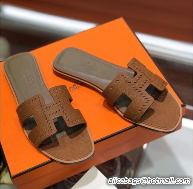 Unique Style Hermes Santorini Epsom Calfskin Cut-out Classic H Flat Slide Sandals 070503 Brown