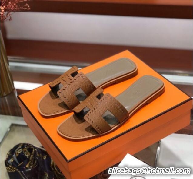 Unique Style Hermes Santorini Epsom Calfskin Cut-out Classic H Flat Slide Sandals 070503 Brown