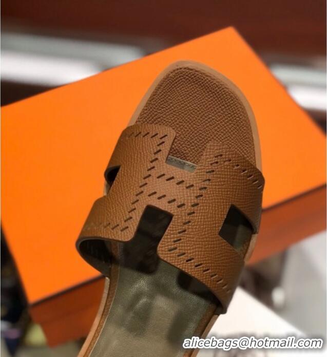 Unique Style Hermes Santorini Epsom Calfskin Cut-out Classic H Flat Slide Sandals 070503 Brown