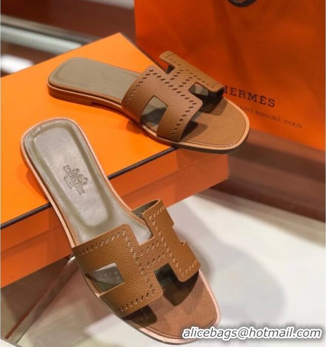 Unique Style Hermes Santorini Epsom Calfskin Cut-out Classic H Flat Slide Sandals 070503 Brown