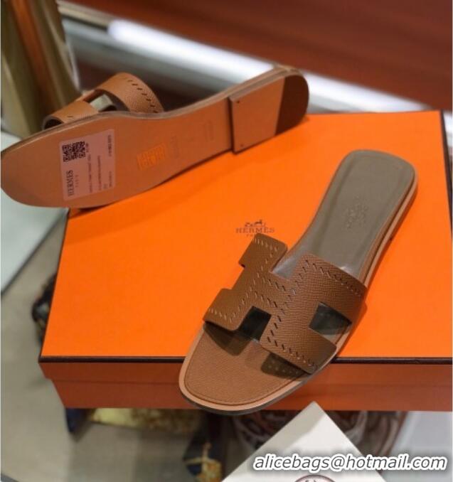 Unique Style Hermes Santorini Epsom Calfskin Cut-out Classic H Flat Slide Sandals 070503 Brown