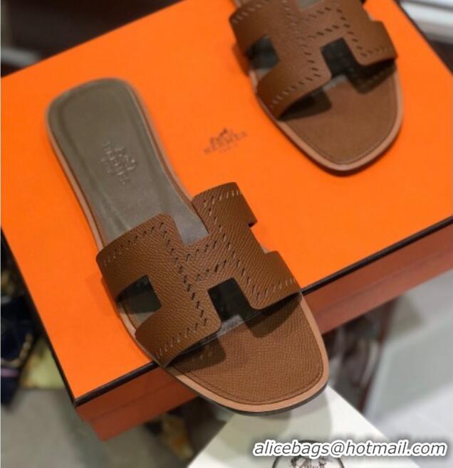 Unique Style Hermes Santorini Epsom Calfskin Cut-out Classic H Flat Slide Sandals 070503 Brown