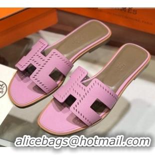 Charming Hermes Santorini Epsom Calfskin Cut-out Classic H Flat Slide Sandals 070503 Pink