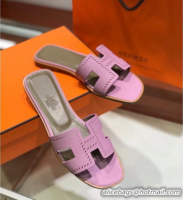 Charming Hermes Santorini Epsom Calfskin Cut-out Classic H Flat Slide Sandals 070503 Pink