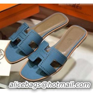 Sophisticated Hermes Santorini Epsom Calfskin Cut-out Classic H Flat Slide Sandals 070503 Blue