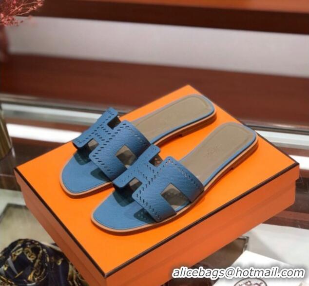 Sophisticated Hermes Santorini Epsom Calfskin Cut-out Classic H Flat Slide Sandals 070503 Blue