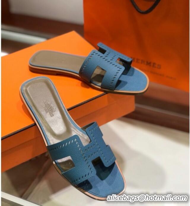 Sophisticated Hermes Santorini Epsom Calfskin Cut-out Classic H Flat Slide Sandals 070503 Blue