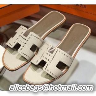 Hot Style Hermes Santorini Epsom Calfskin Cut-out Classic H Flat Slide Sandals 070503 White