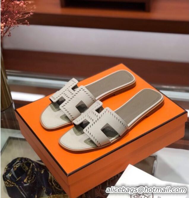 Hot Style Hermes Santorini Epsom Calfskin Cut-out Classic H Flat Slide Sandals 070503 White