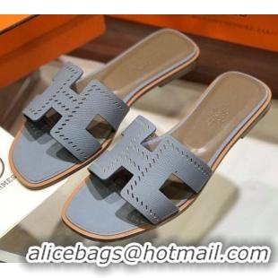 Stylish Hermes Santorini Epsom Calfskin Cut-out Classic H Flat Slide Sandals 070508 Blue