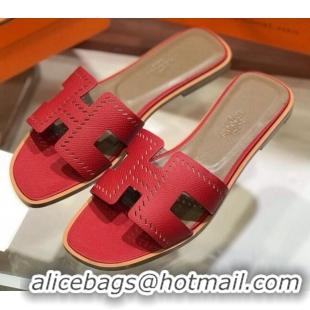 Discount Hermes Santorini Epsom Calfskin Cut-out Classic H Flat Slide Sandals 070508 Red