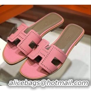 Good Product Hermes Santorini Epsom Calfskin Cut-out Classic H Flat Slide Sandals 070508 Pink