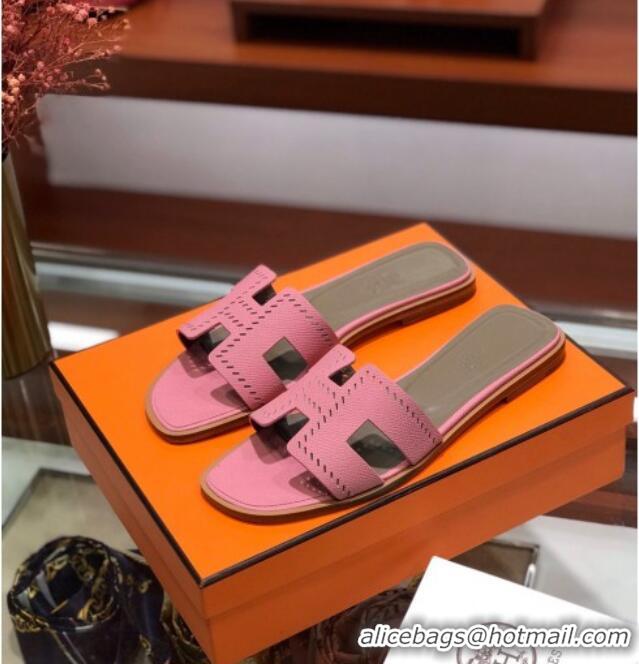 Good Product Hermes Santorini Epsom Calfskin Cut-out Classic H Flat Slide Sandals 070508 Pink