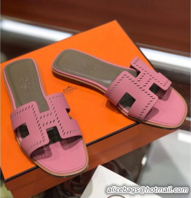 Good Product Hermes Santorini Epsom Calfskin Cut-out Classic H Flat Slide Sandals 070508 Pink