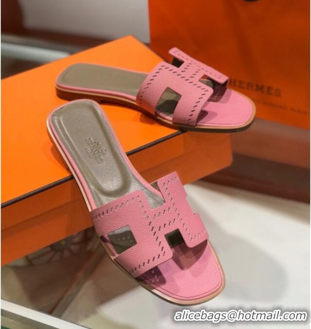 Good Product Hermes Santorini Epsom Calfskin Cut-out Classic H Flat Slide Sandals 070508 Pink