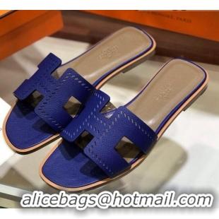 Unique Hermes Santorini Epsom Calfskin Cut-out Classic H Flat Slide Sandals 070508 Blue