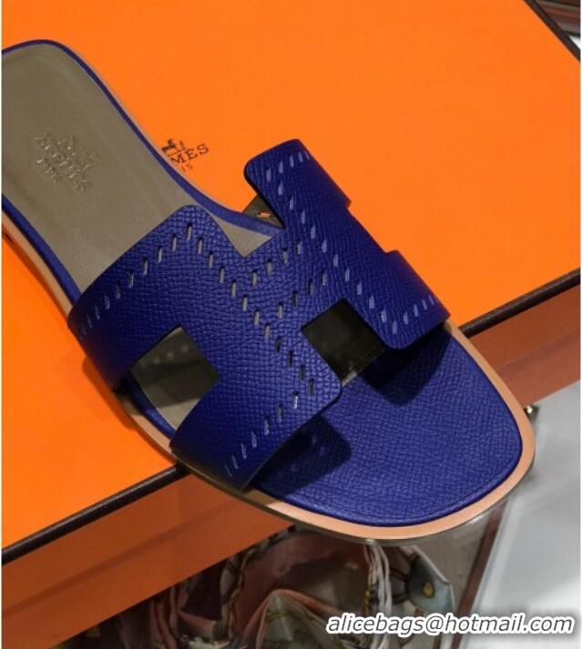 Unique Hermes Santorini Epsom Calfskin Cut-out Classic H Flat Slide Sandals 070508 Blue