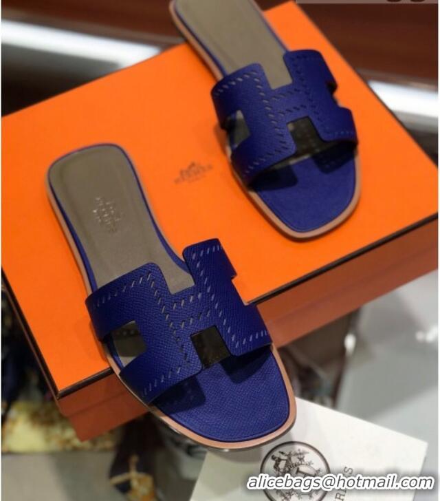 Unique Hermes Santorini Epsom Calfskin Cut-out Classic H Flat Slide Sandals 070508 Blue