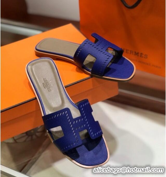 Unique Hermes Santorini Epsom Calfskin Cut-out Classic H Flat Slide Sandals 070508 Blue