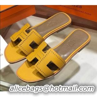 Grade Hermes Santorini Epsom Calfskin Cut-out Classic H Flat Slide Sandals 070512 Yellow