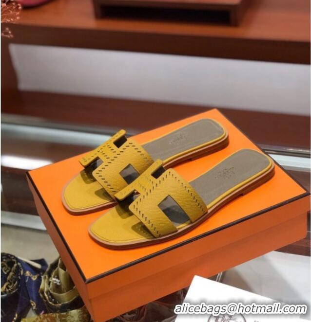 Grade Hermes Santorini Epsom Calfskin Cut-out Classic H Flat Slide Sandals 070512 Yellow