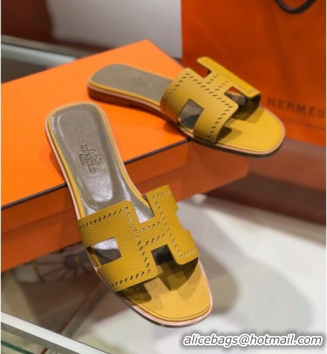 Grade Hermes Santorini Epsom Calfskin Cut-out Classic H Flat Slide Sandals 070512 Yellow