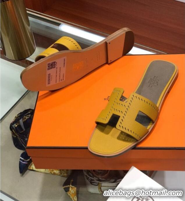 Grade Hermes Santorini Epsom Calfskin Cut-out Classic H Flat Slide Sandals 070512 Yellow