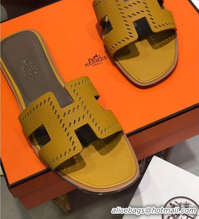 Grade Hermes Santorini Epsom Calfskin Cut-out Classic H Flat Slide Sandals 070512 Yellow