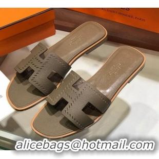 Sumptuous Hermes Santorini Epsom Calfskin Cut-out Classic H Flat Slide Sandals 070513 Elephant Grey