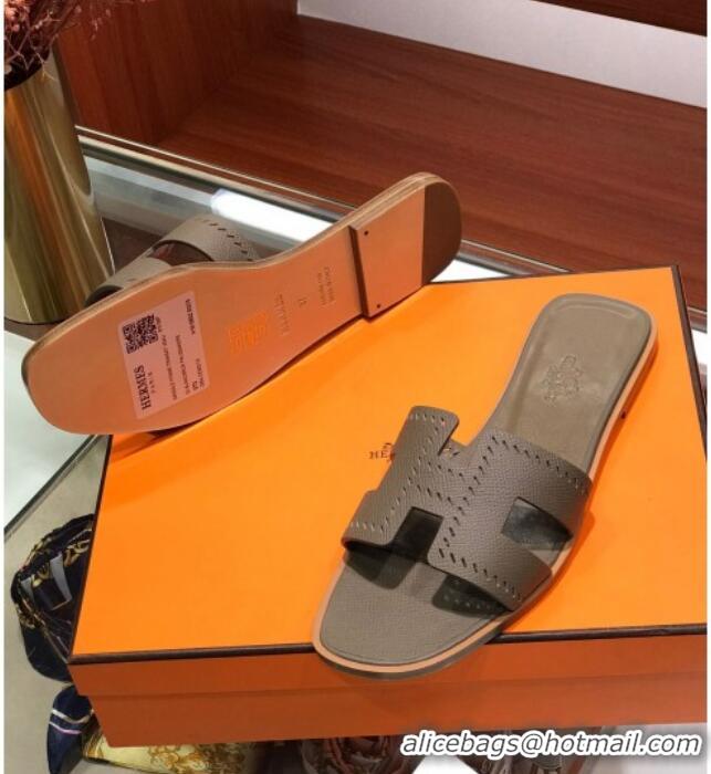 Sumptuous Hermes Santorini Epsom Calfskin Cut-out Classic H Flat Slide Sandals 070513 Elephant Grey