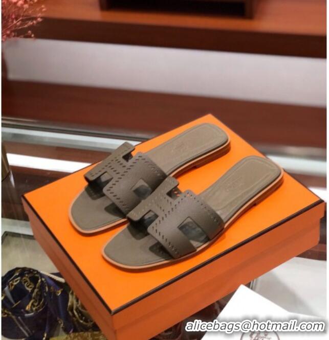 Sumptuous Hermes Santorini Epsom Calfskin Cut-out Classic H Flat Slide Sandals 070513 Elephant Grey