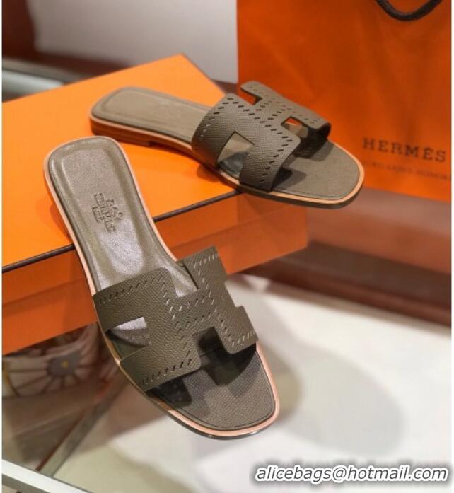 Sumptuous Hermes Santorini Epsom Calfskin Cut-out Classic H Flat Slide Sandals 070513 Elephant Grey