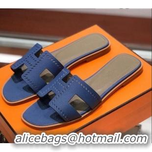 Classic Hot Hermes Santorini Epsom Calfskin Cut-out Classic H Flat Slide Sandals 070514 Blue