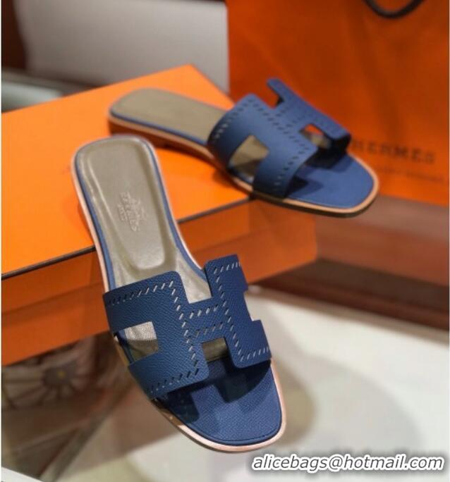 Classic Hot Hermes Santorini Epsom Calfskin Cut-out Classic H Flat Slide Sandals 070514 Blue